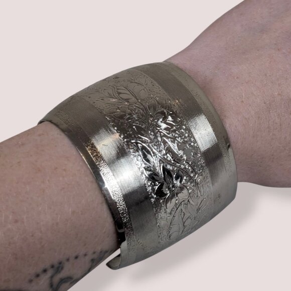 Floral Etched Metal Cuff Bracelet - Picture 1 of 6